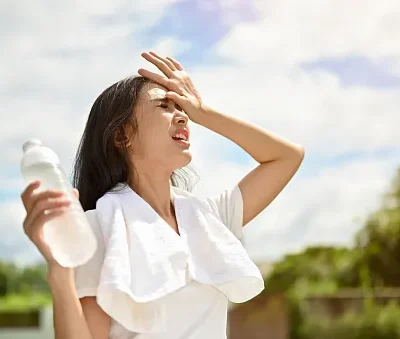 an exhausted asian woman is fighting the heat wave while running in a park on a sunny day