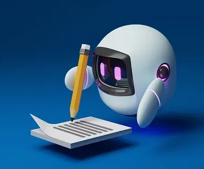 cute robot holding a pencil to write a message on paper with blue background