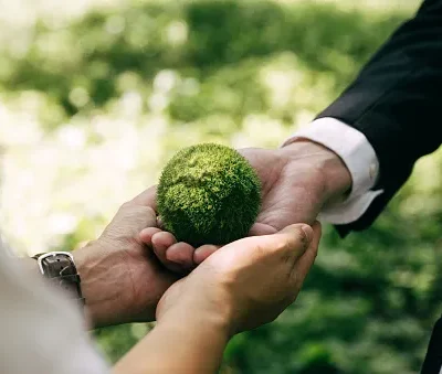 hands of businessman holding green globe together of green business company